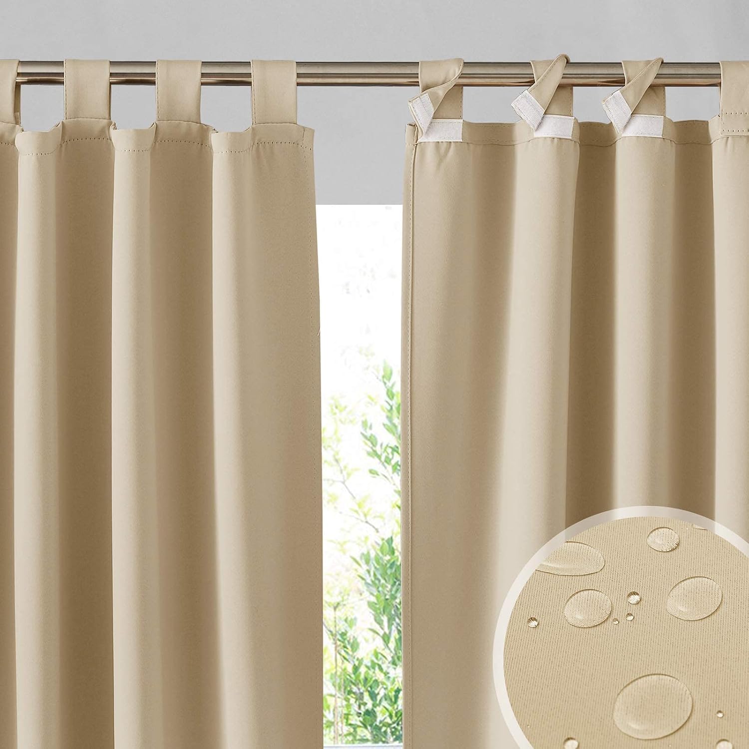 RYB HOME Outdoor Curtains Waterproof 2 Panels - Detachable Top Blackout Privacy Patio Door Curtains for Gazebo Pool Hut Pavilion Gazebo Outdoor Shower, 52 inch Wide x 108 inches Long, Beige